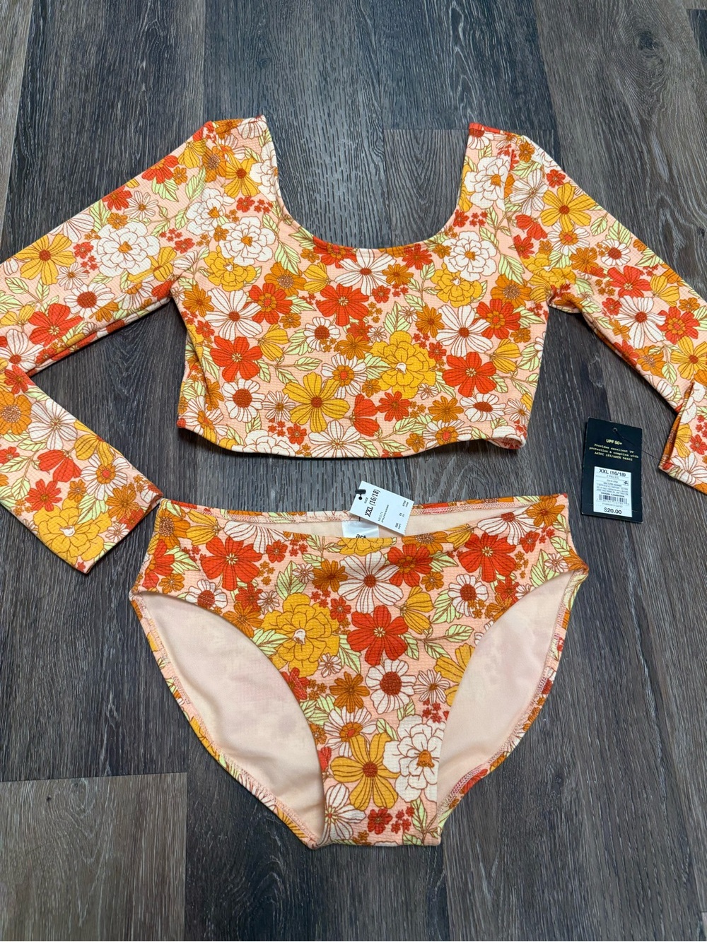 Target Girls' Floral Long-Sleeve Bikini Set in Orange, Yellow and Cream